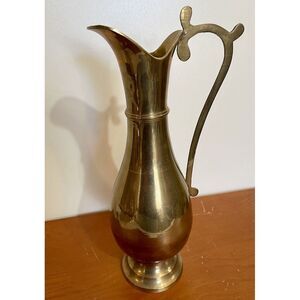 Brass Pitcher Vase With Handle.‎ Bohemian, Cottage Core, Primitive 14" Vtg